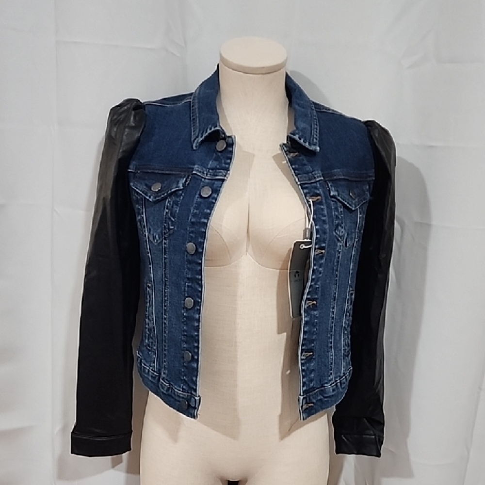 Tractr Denim Jacket with Black Leather Sleeves